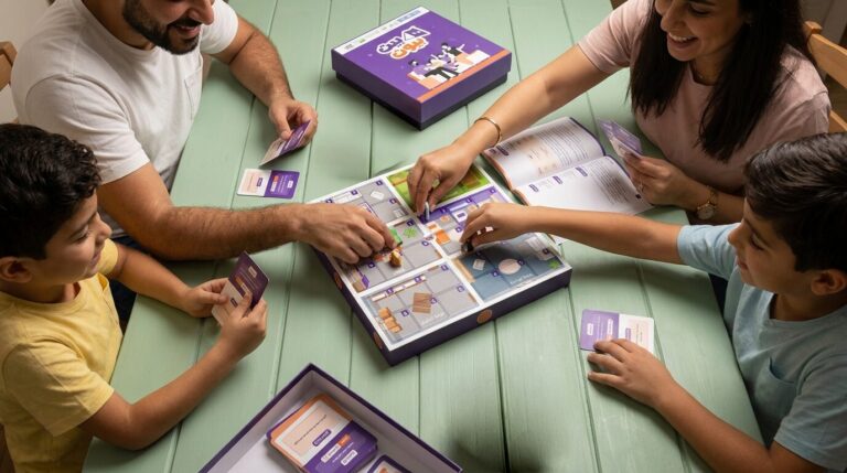 A team working together around a custom board game
